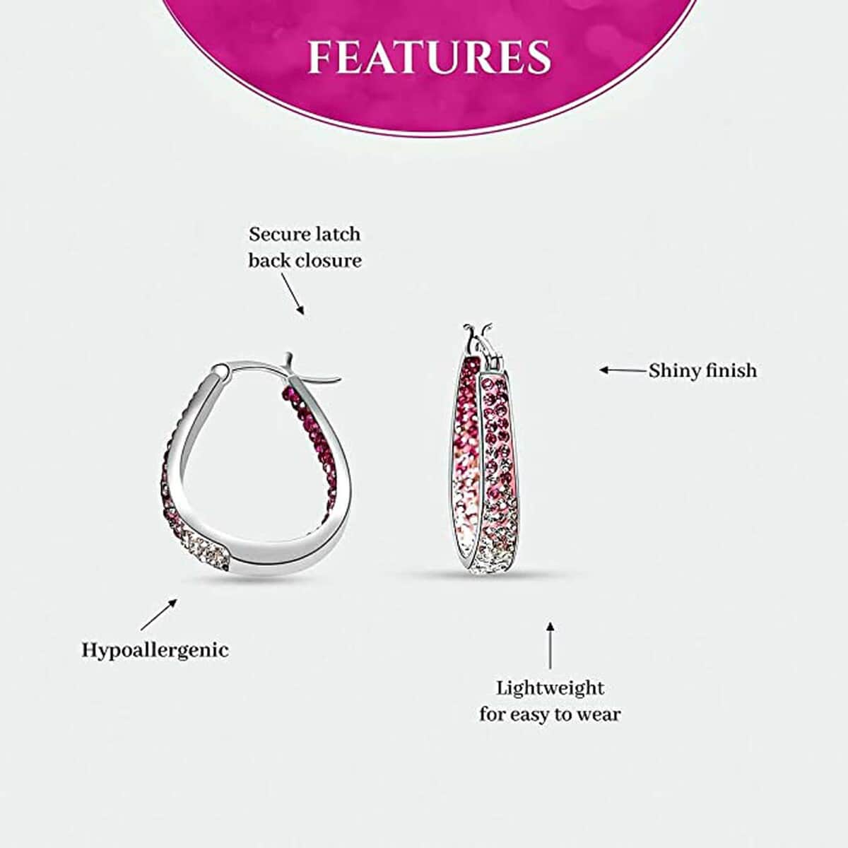 Pink and Red and White Austrian Crystal Inside Out Hoop Earrings in Silvertone image number 4