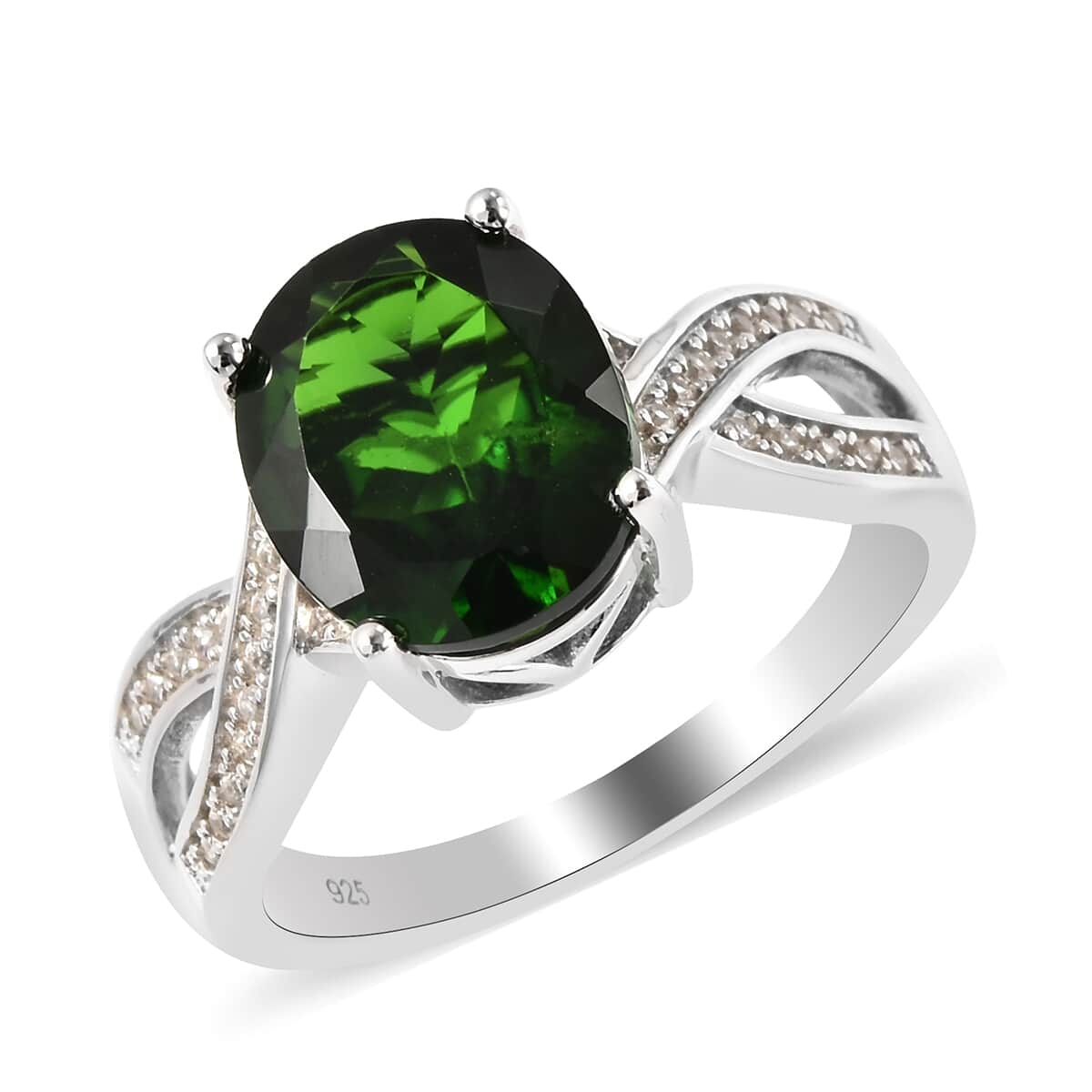 Natural Chrome Diopside, White Zircon Infinity Ring in Rhodium Over Sterling Silver (Size 6.0) 3.90 ctw image number 0