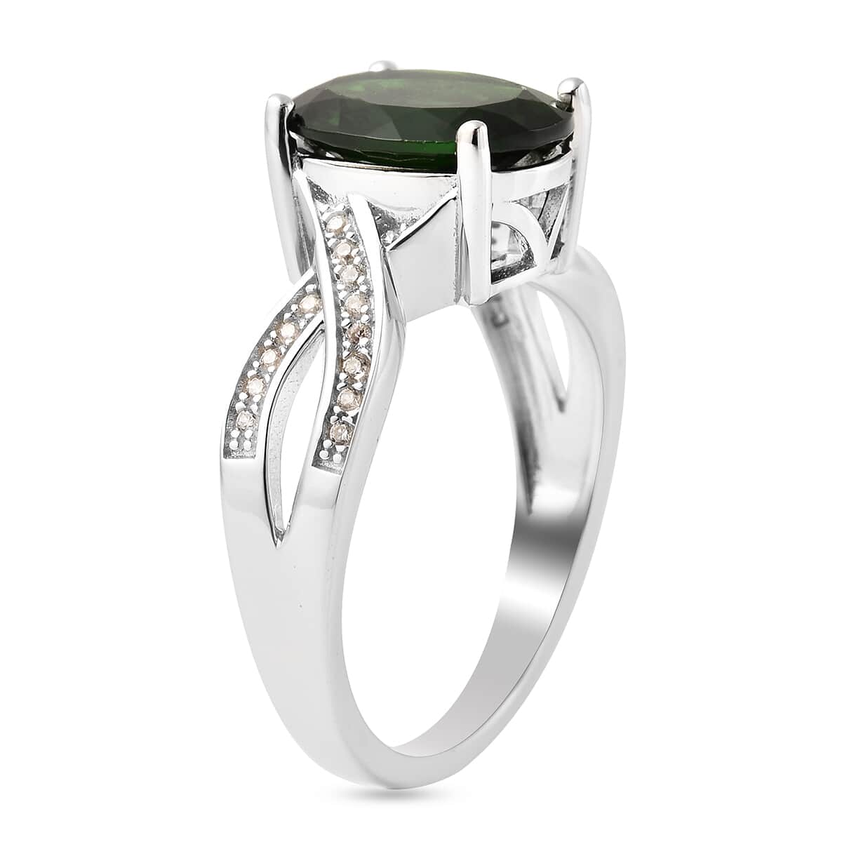 Natural Chrome Diopside, White Zircon Infinity Ring in Rhodium Over Sterling Silver (Size 6.0) 3.90 ctw image number 3