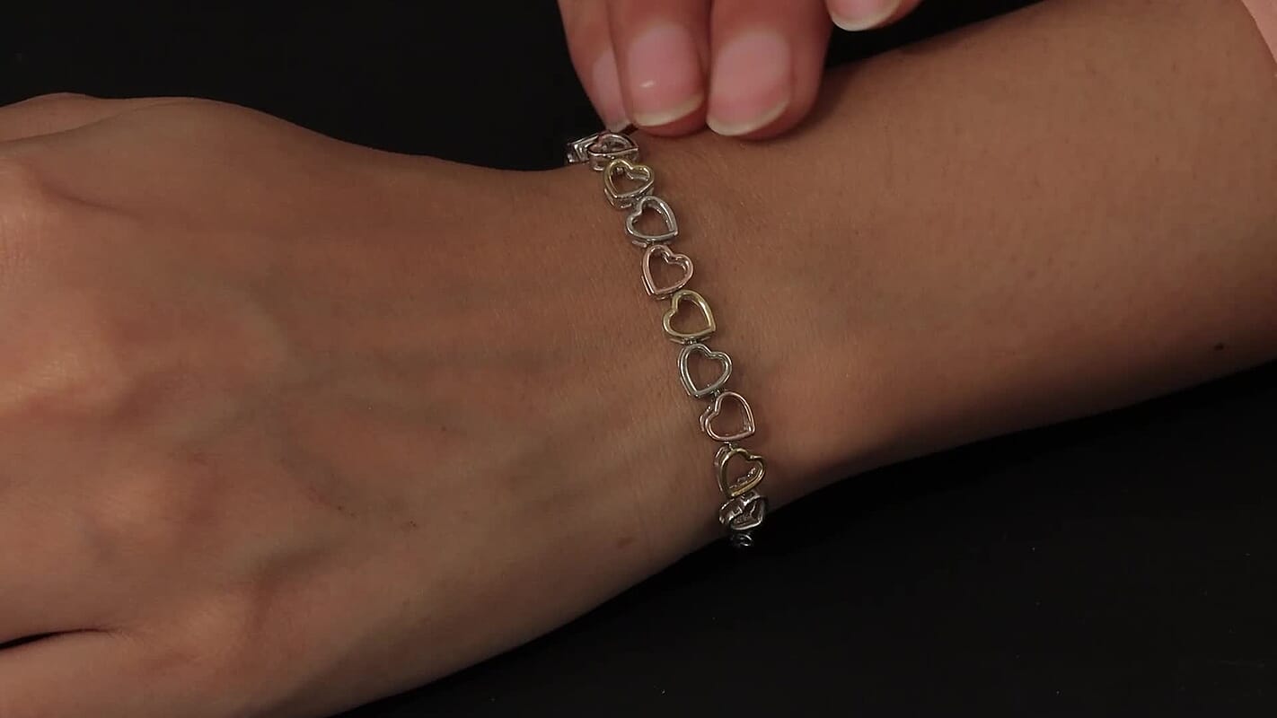 Linked Hearts Bolo Bracelet in 14K Yellow Rose Gold and Platinum Over Sterling Silver and Stainless Steel