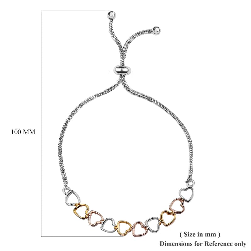 D'Joy Linked Hearts Bracelet in 14K YRG and Platinum Over Sterling Silver with Stainless Steel Bolo Chain
