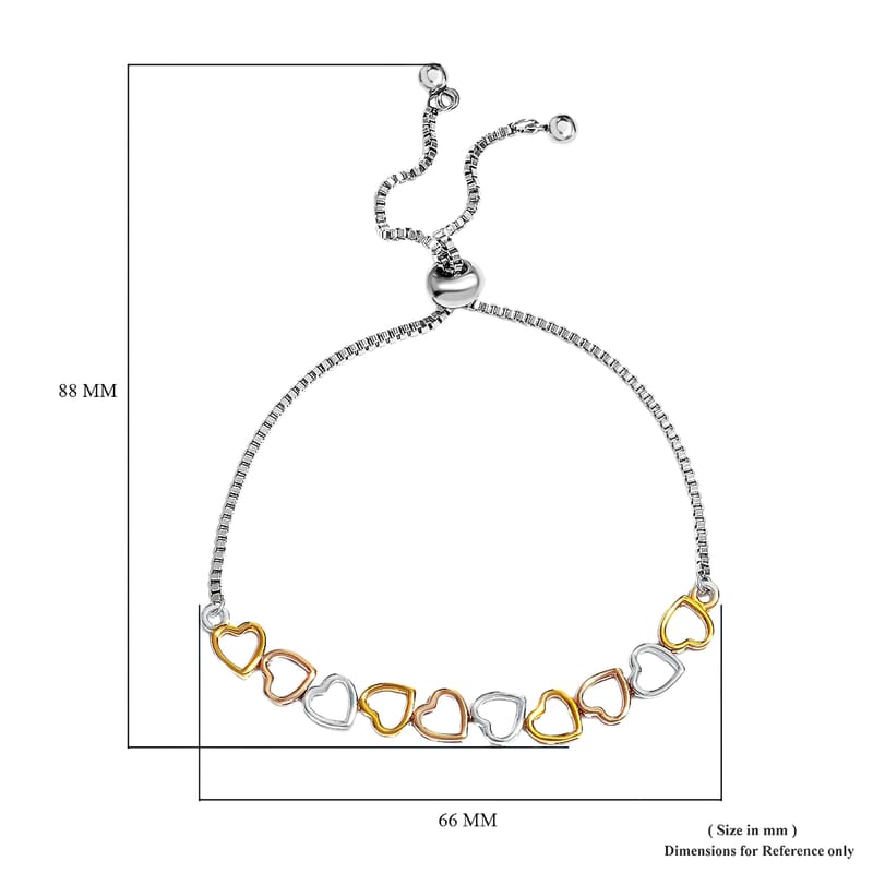 D'Joy Linked Hearts Bracelet in 14K YRG and Platinum Over Sterling Silver with Stainless Steel Bolo Chain
