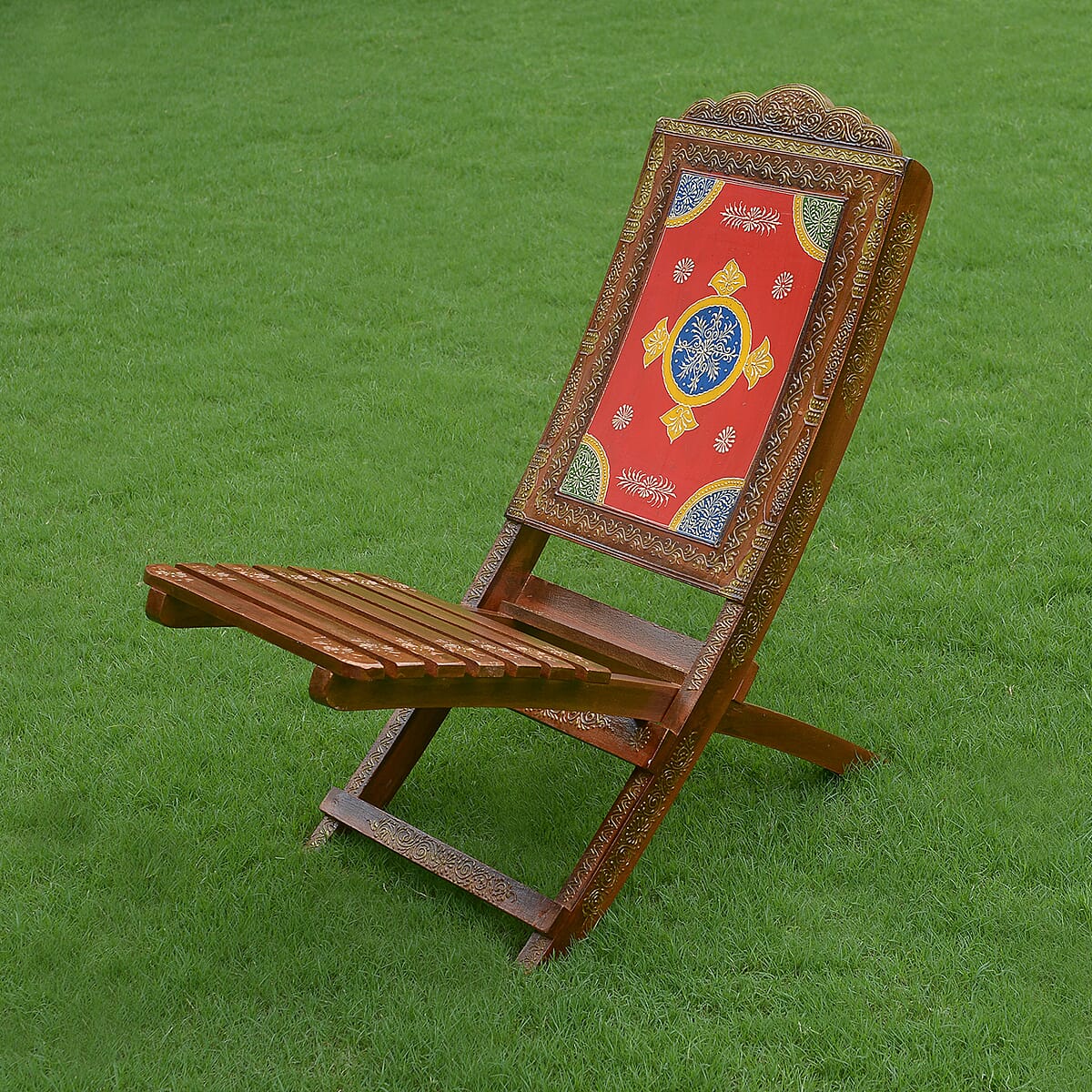 Handcrafted Red Floral Design Wooden Folding Chair image number 1