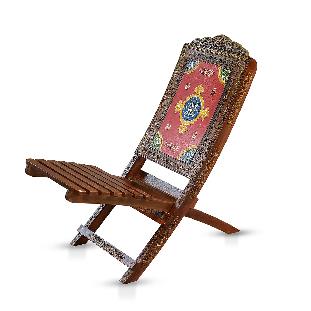 Handcrafted Red Floral Design Wooden Folding Chair image number 2