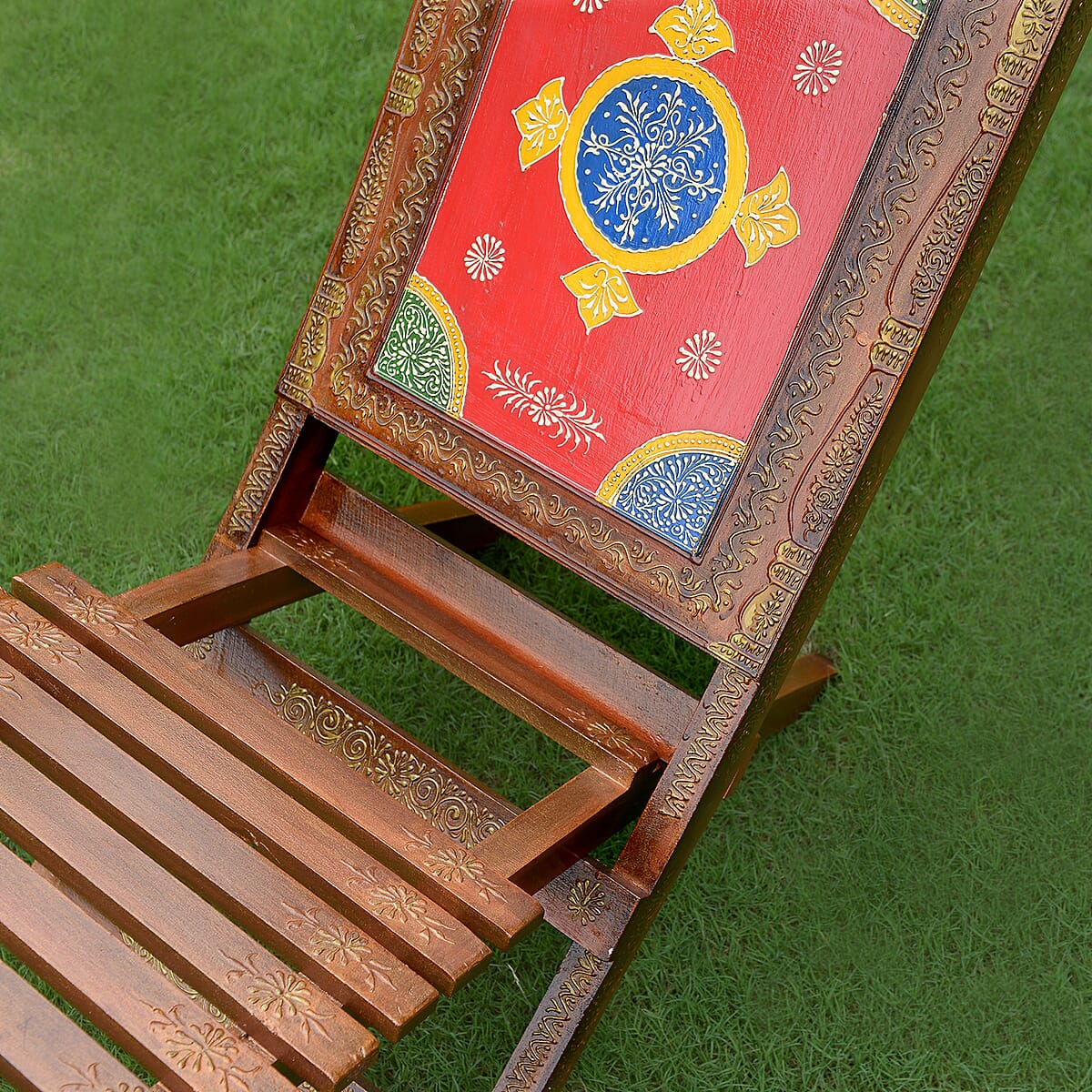 Handcrafted Red Floral Design Wooden Folding Chair image number 3