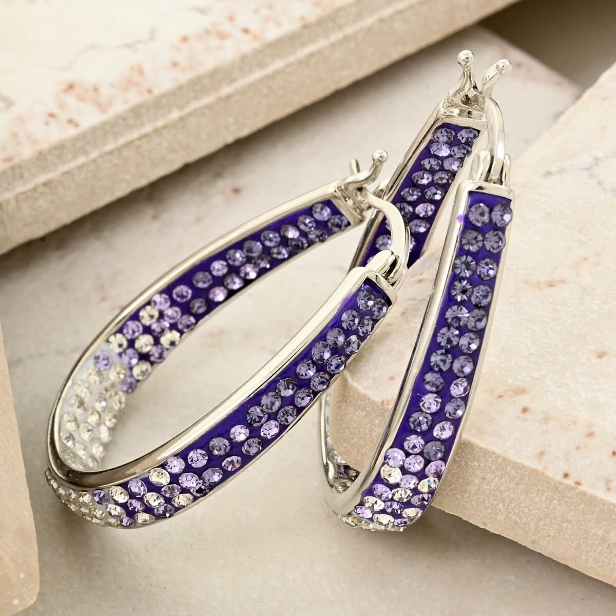 Austrian White Crystal Purple Crystal Earrings in Silvertone, Inside Out Hoops For Women image number 1