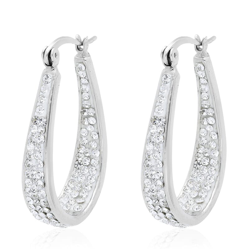 White Austrian Crystal Inside Out Hoop Earrings in Silvertone
