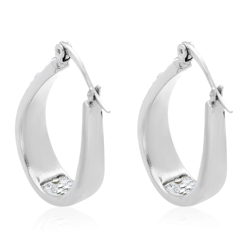 White Austrian Crystal Inside Out Hoop Earrings in Silvertone