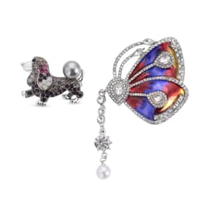Set of 2 Chroma Pearl, Multi Gemstone, Enameled Dog & Butterfly Brooch in Silvertone