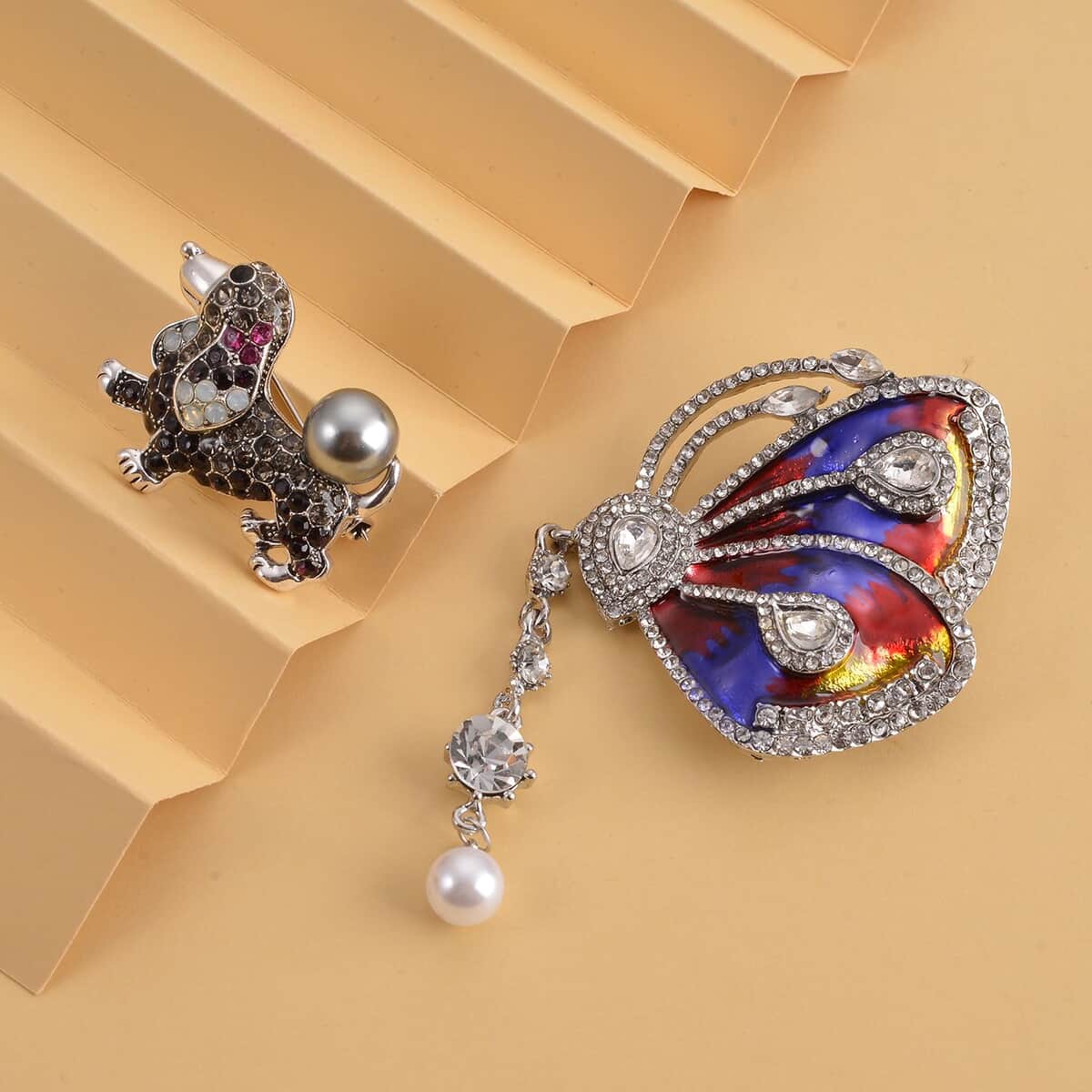 Set of 2 Chroma Pearl, Multi Gemstone, Enameled Dog & Butterfly Brooch in Silvertone image number 1