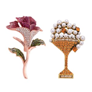 Set of 2 Multi Color Austrian Crystal, Chroma Champagne Glass and Rose Brooches in Goldtone