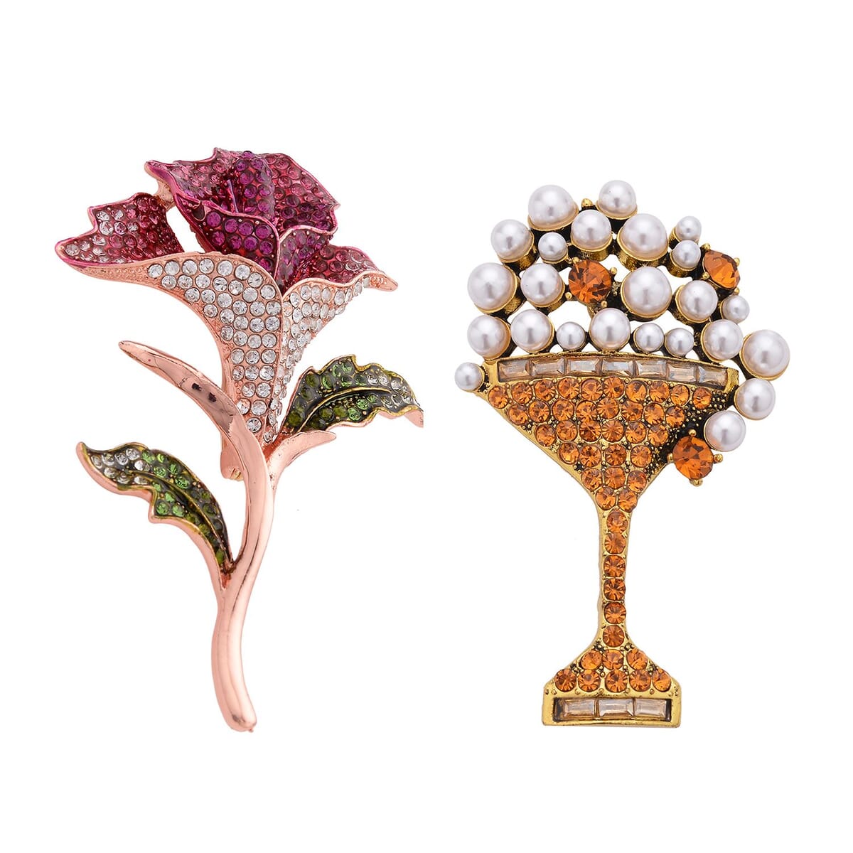 Set of 2 Multi Color Austrian Crystal, Chroma Champagne Glass and Rose Brooches in Goldtone image number 0