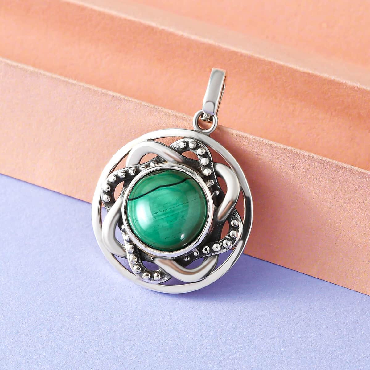 African Malachite Pendant in Sterling Silver, Handmade Solitaire Pendant For Women 7.50 ctw image number 2