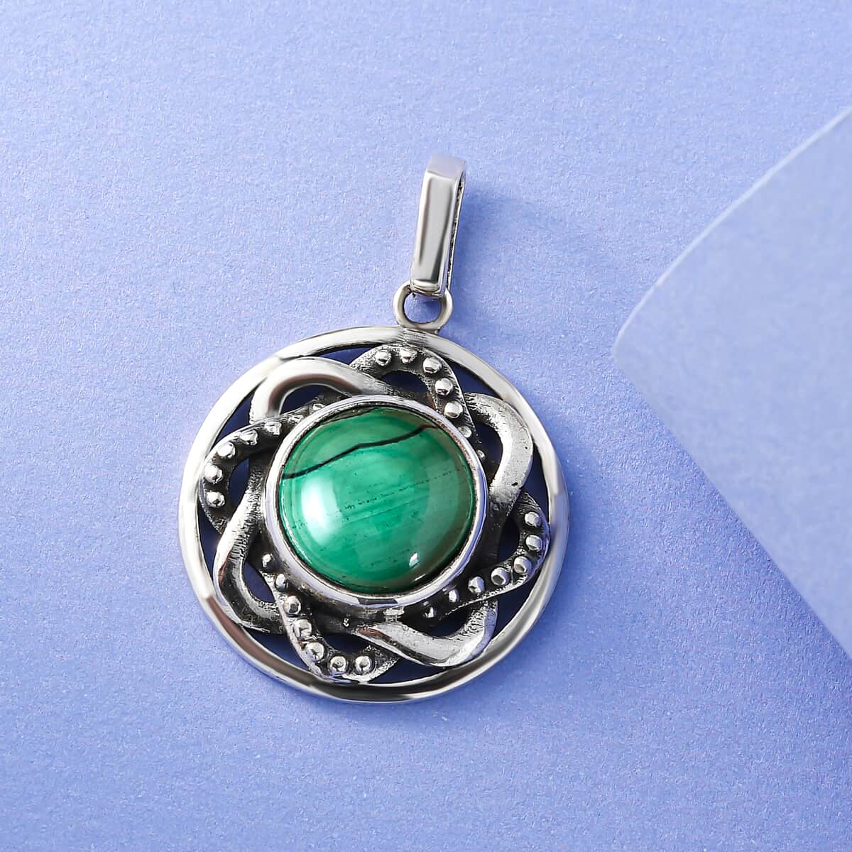 African Malachite Pendant in Sterling Silver, Handmade Solitaire Pendant For Women 7.50 ctw image number 3