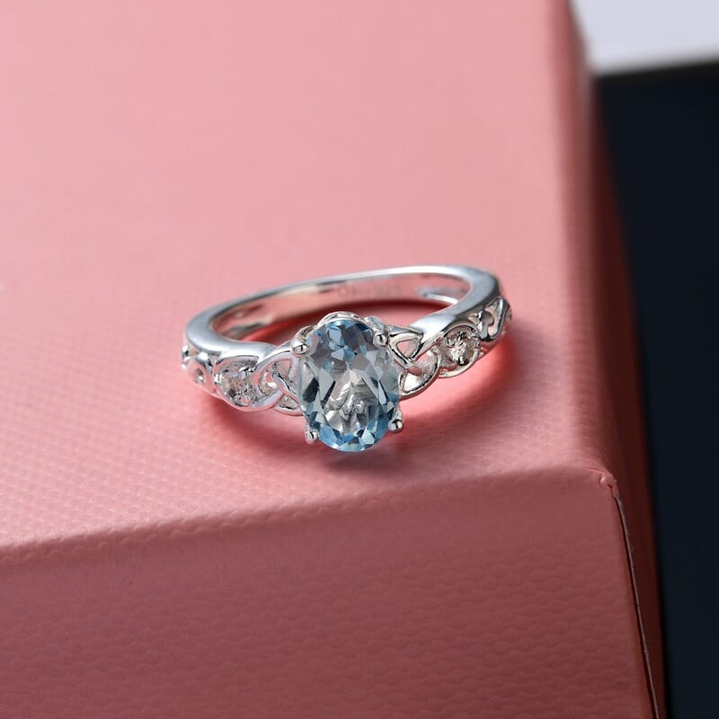 D'Joy Sky Blue Topaz, White Topaz 1.65 ctw Ring in Sterling Silver, Beautiful Engagement Promise Rings for Women, Birthstone Jewelry (Size 11.0)