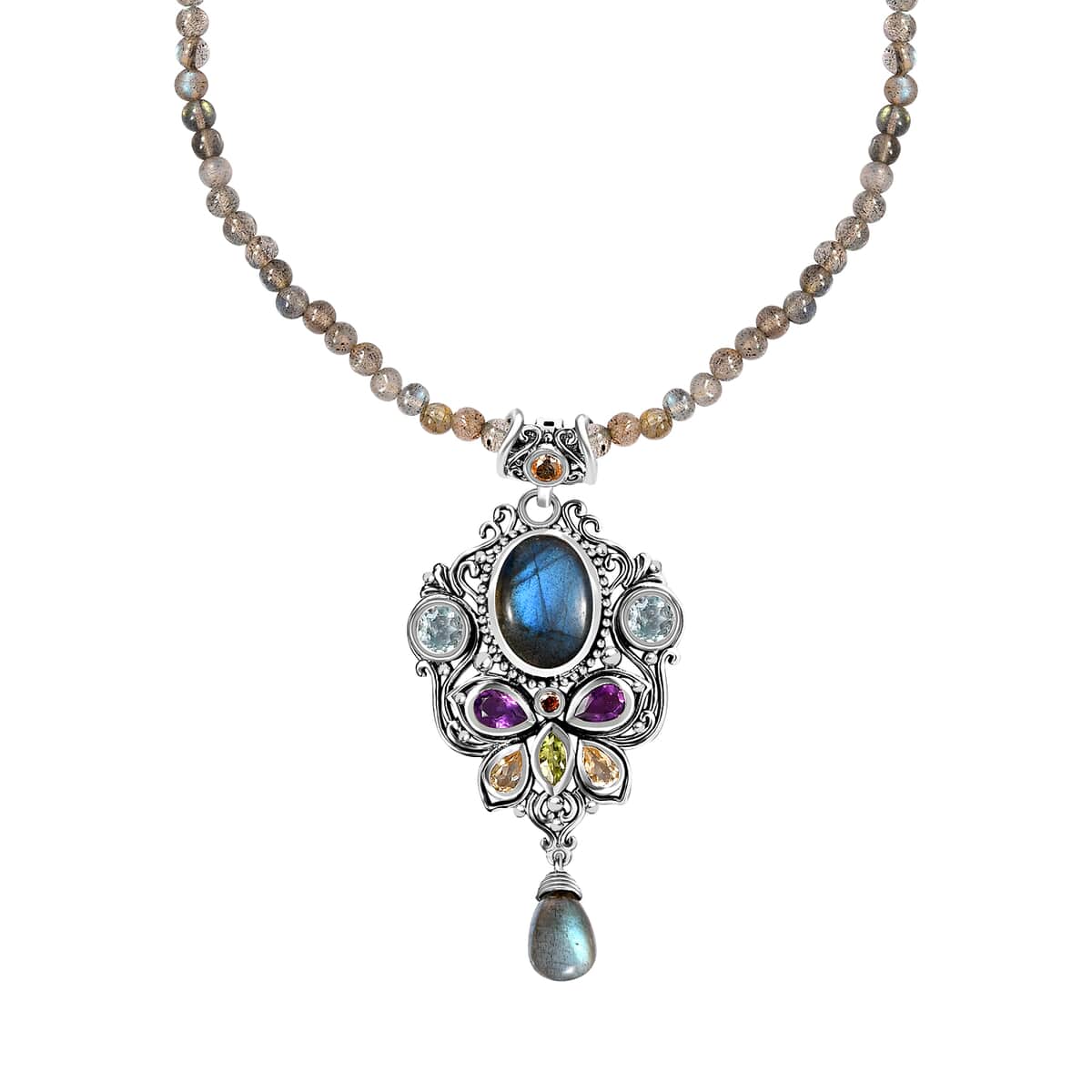 Artisan Crafted 53.91 ctw Multi Gemstone Pendant With Labradorite Beads Necklace (20 in) in Platinum Over Sterling Silver image number 0