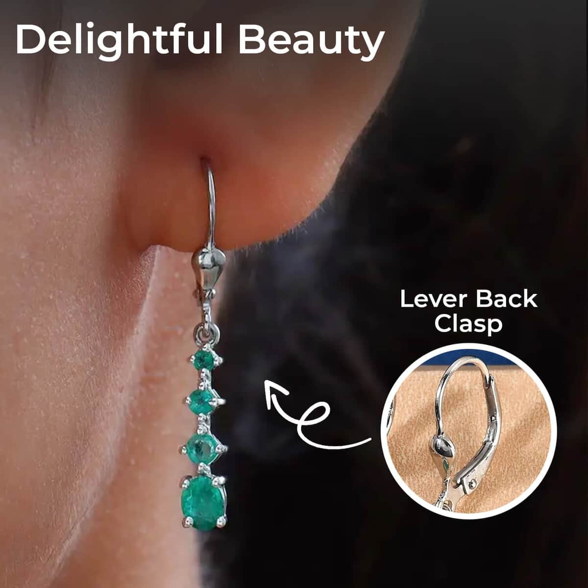 Premium Brazilian Emerald Lever Back Drop Earrings in Platinum Over Sterling Silver 1.10 ctw image number 2