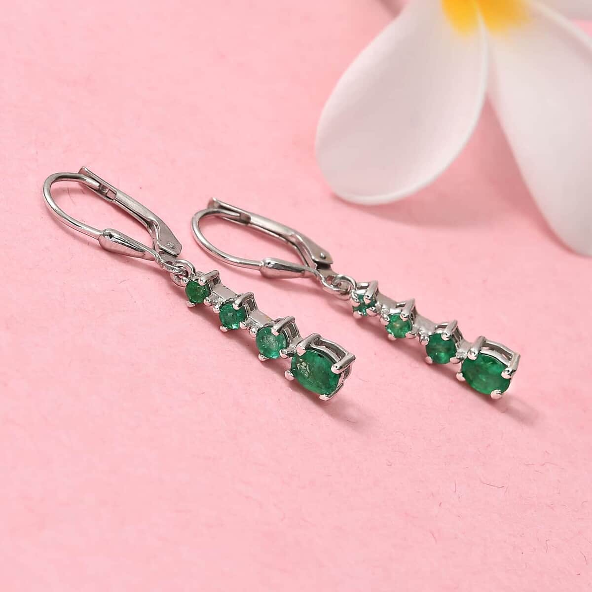 Premium Brazilian Emerald Lever Back Drop Earrings in Platinum Over Sterling Silver 1.10 ctw image number 3