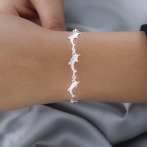 Dolphin Link Charm Bracelet For Women in Sterling Silver, Ocean Jewelry Beach Gifts Size 7.25 Inches (7.25 In)