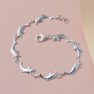 Dolphin Link Charm Bracelet For Women in Sterling Silver, Ocean Jewelry Beach Gifts Size 7.25 Inches (7.25 In)