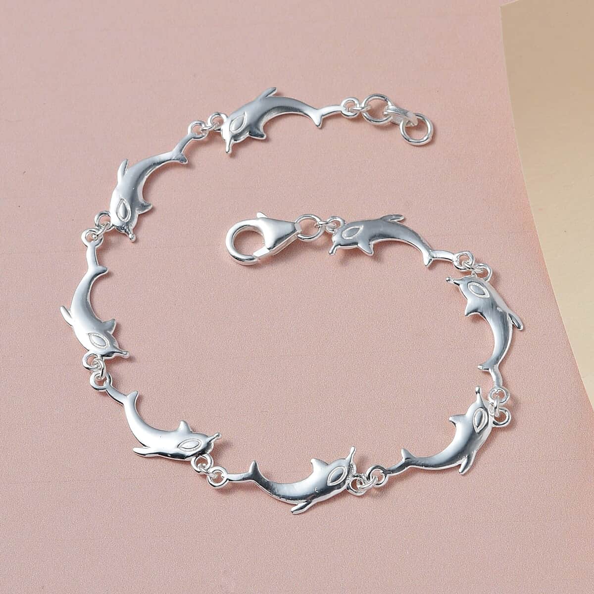 Dolphin Link Charm Bracelet For Women in Sterling Silver, Ocean Jewelry Beach Gifts Size 7.25 Inches (7.25 In) image number 3