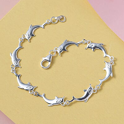 Dolphin Link Charm Bracelet For Women in Sterling Silver, Ocean Jewelry Beach Gifts Size 7.25 Inches (7.25 In)