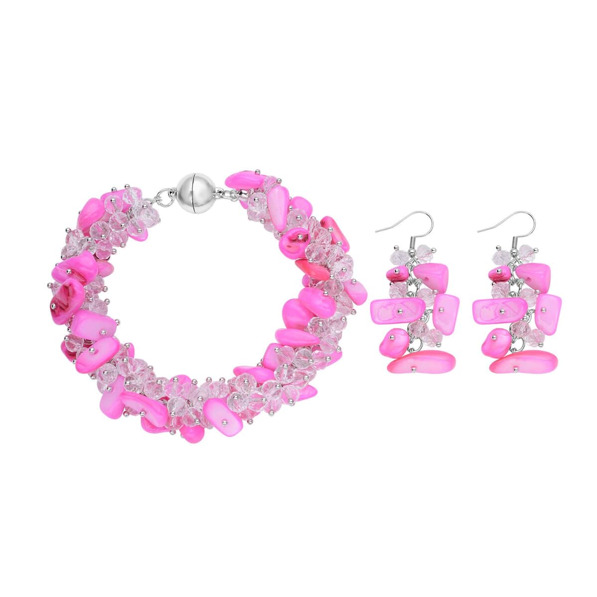 Pink Shell, Clear Beaded Earrings and Bracelet (8.00 In) with Magnetic Clasp in Stainless Steel image number 0