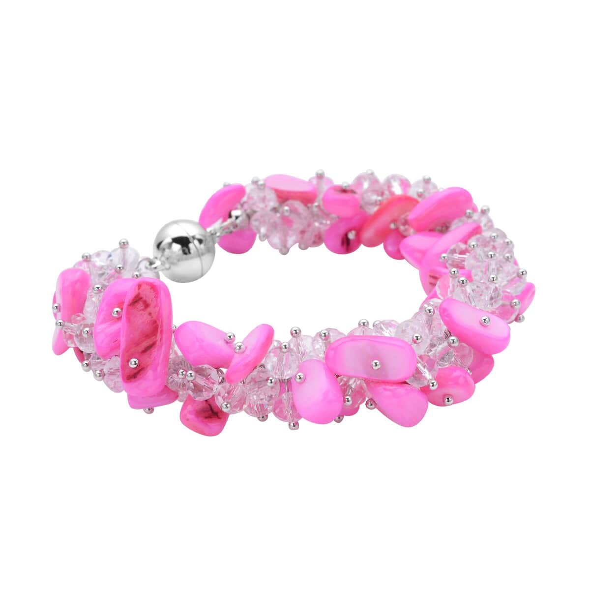 Pink Shell, Clear Beaded Earrings and Bracelet (8.00 In) with Magnetic Clasp in Stainless Steel image number 2