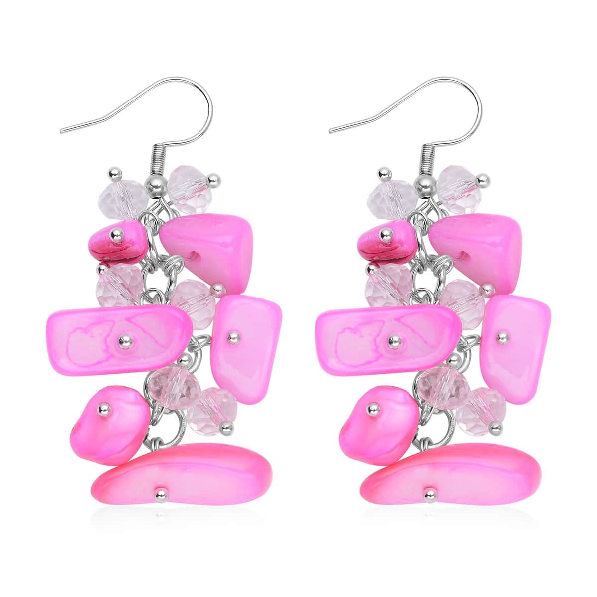 Pink Shell, Clear Beaded Earrings and Bracelet (8.00 In) with Magnetic Clasp in Stainless Steel image number 4