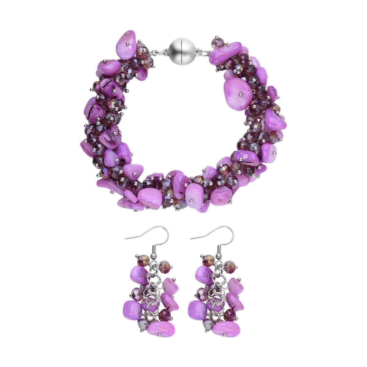 Purple Shell Beaded Multi Strand Bracelet With Dangle Earrings For Women in Stainless Steel, Handmade Jewelry Set For Women, Magnetic Clasp Bracelet, Beaded Jewelry  (8.00 In) image number 0