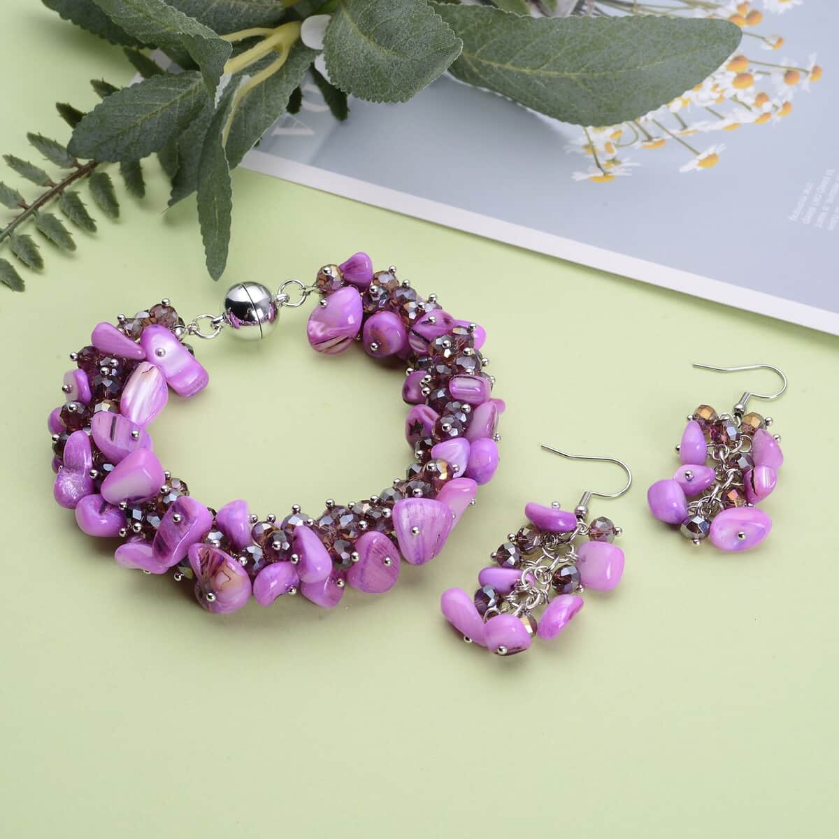 Purple Shell Beaded Multi Strand Bracelet With Dangle Earrings For Women in Stainless Steel, Handmade Jewelry Set For Women, Magnetic Clasp Bracelet, Beaded Jewelry  (8.00 In) image number 1