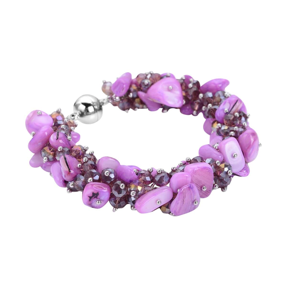 Purple Shell Beaded Multi Strand Bracelet With Dangle Earrings For Women in Stainless Steel, Handmade Jewelry Set For Women, Magnetic Clasp Bracelet, Beaded Jewelry  (8.00 In) image number 2