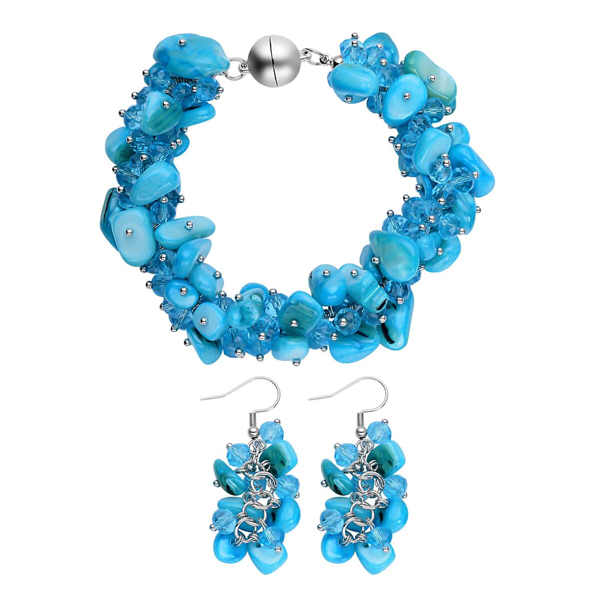 Blue Shell Beaded Multi Strand Bracelet With Dangle Earrings For Women in Stainless Steel, Handmade Jewelry Set For Women, Magnetic Clasp Bracelet, Beaded Jewelry  (8.00 In) image number 0