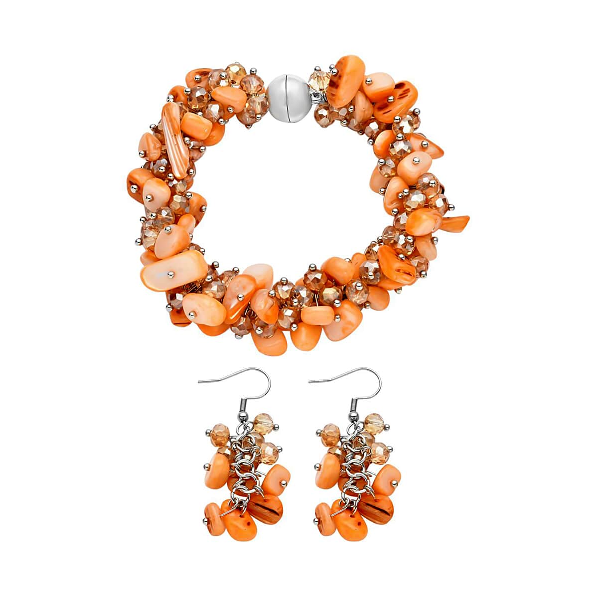 Orange Shell Beaded Multi Strand Bracelet With Dangle Earrings For Women in Stainless Steel, Handmade Jewelry Set For Women, Magnetic Clasp Bracelet, Beaded Jewelry  (8.00 In) image number 0