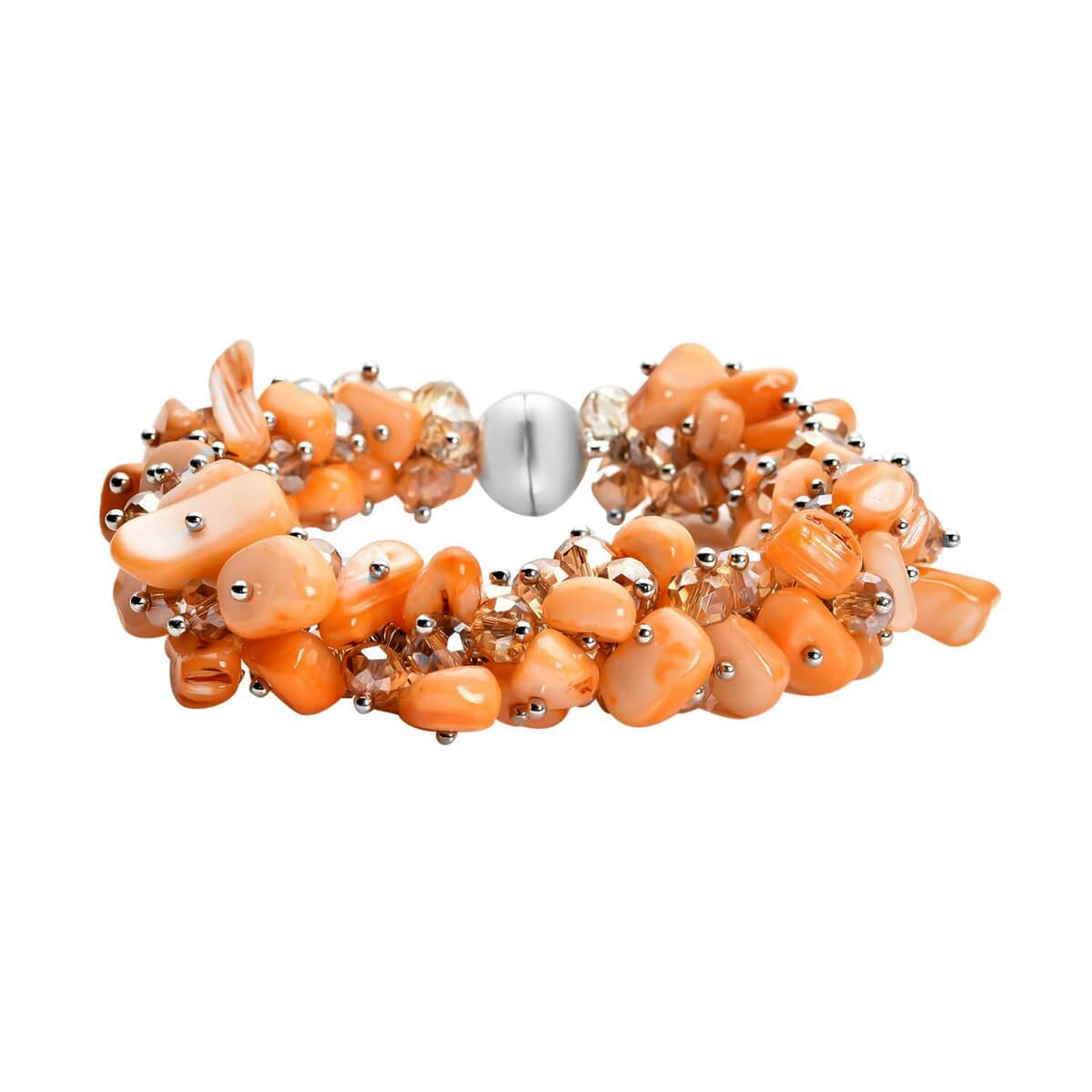 Orange Shell Beaded Multi Strand Bracelet With Dangle Earrings For Women in Stainless Steel, Handmade Jewelry Set For Women, Magnetic Clasp Bracelet, Beaded Jewelry  (8.00 In) image number 2