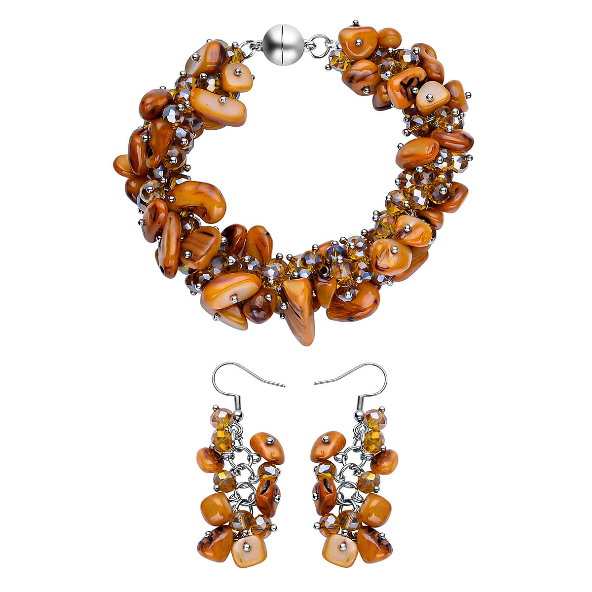 Brown Shell Beaded Multi Strand Bracelet With Dangle Earrings For Women in Stainless Steel, Handmade Jewelry Set For Women, Magnetic Clasp Bracelet, Beaded Jewelry  (8.00 In) image number 0