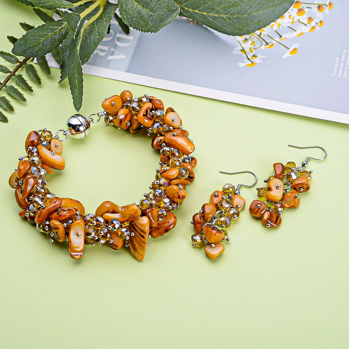 Brown Shell Beaded Multi Strand Bracelet With Dangle Earrings For Women in Stainless Steel, Handmade Jewelry Set For Women, Magnetic Clasp Bracelet, Beaded Jewelry  (8.00 In) image number 1