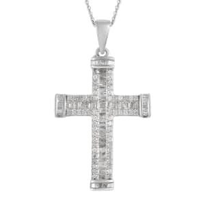 Diamond Necklace in Platinum Over Sterling Silver, Cross Pendant, Diamond Pendant (20 in) 1.00 ctw