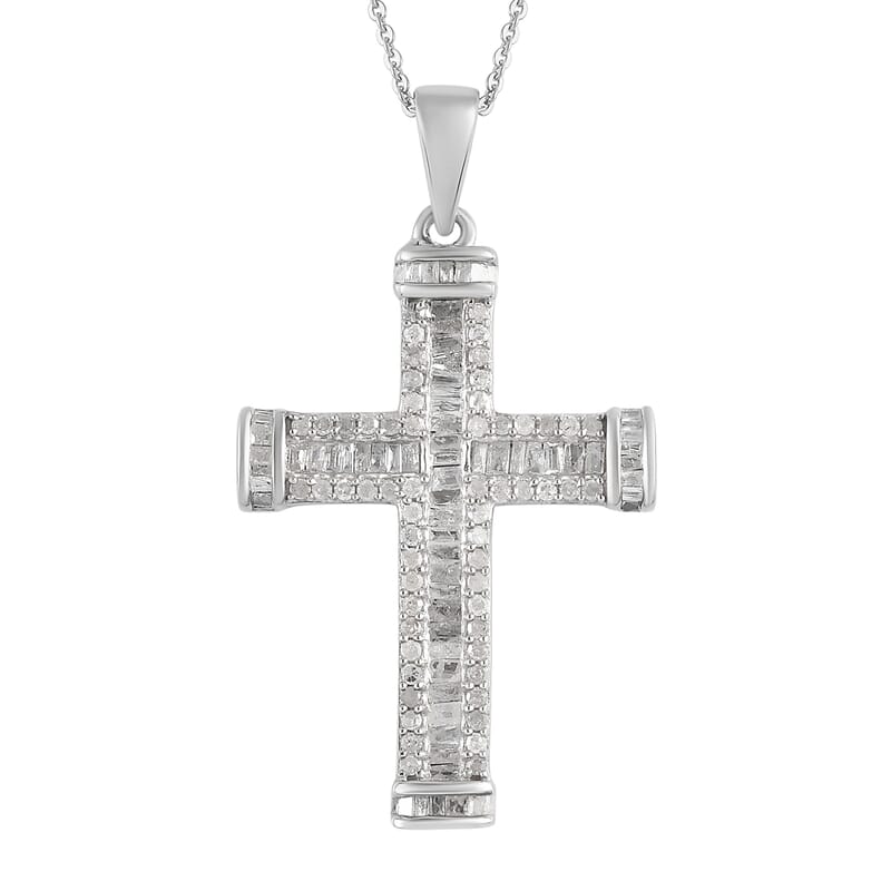 Diamond 1.00 ctw Necklace in Platinum Over Sterling Silver, Cross Pendant, Diamond Pendant 20 Inches