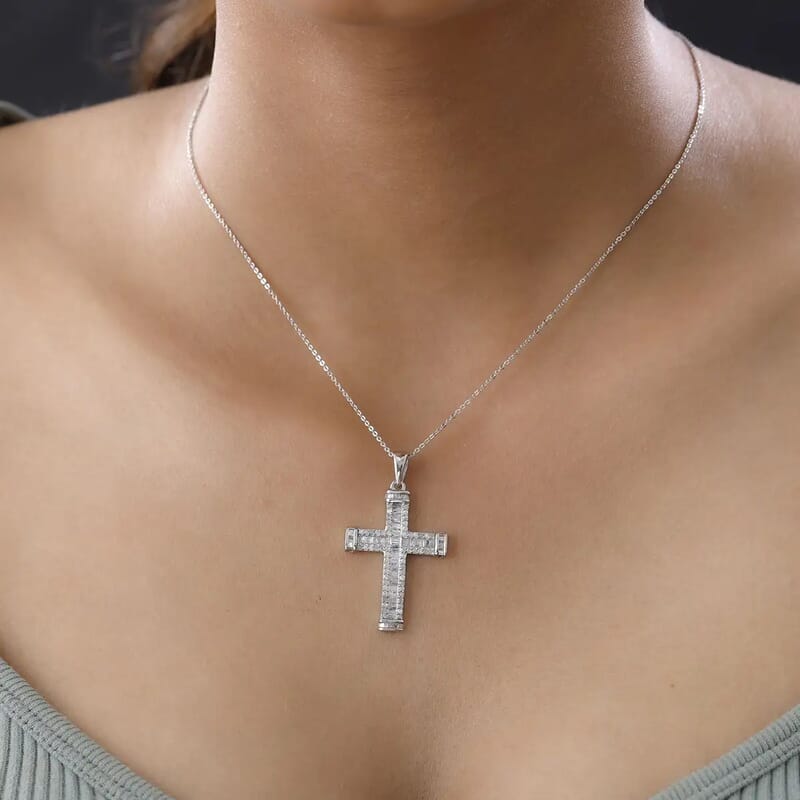 Diamond 1.00 ctw Necklace in Platinum Over Sterling Silver, Cross Pendant, Diamond Pendant 20 Inches