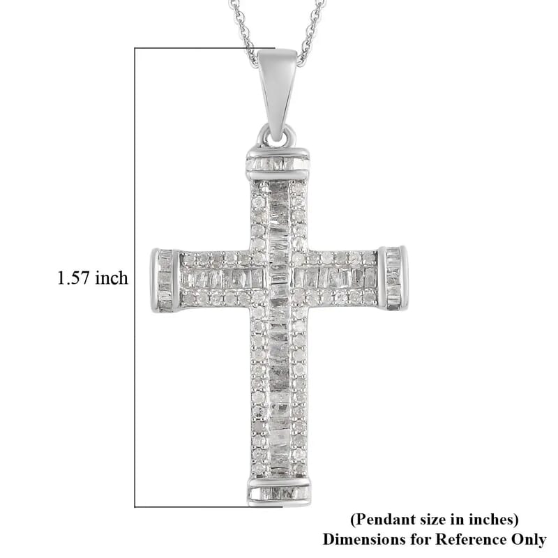Diamond 1.00 ctw Necklace in Platinum Over Sterling Silver, Cross Pendant, Diamond Pendant 20 Inches