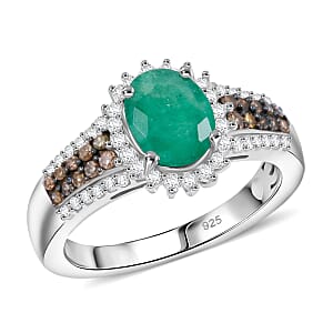 Brazilian Emerald and Multi Diamond 2.10 ctw Ring in Platinum Over Sterling Silver (Size 9.0)