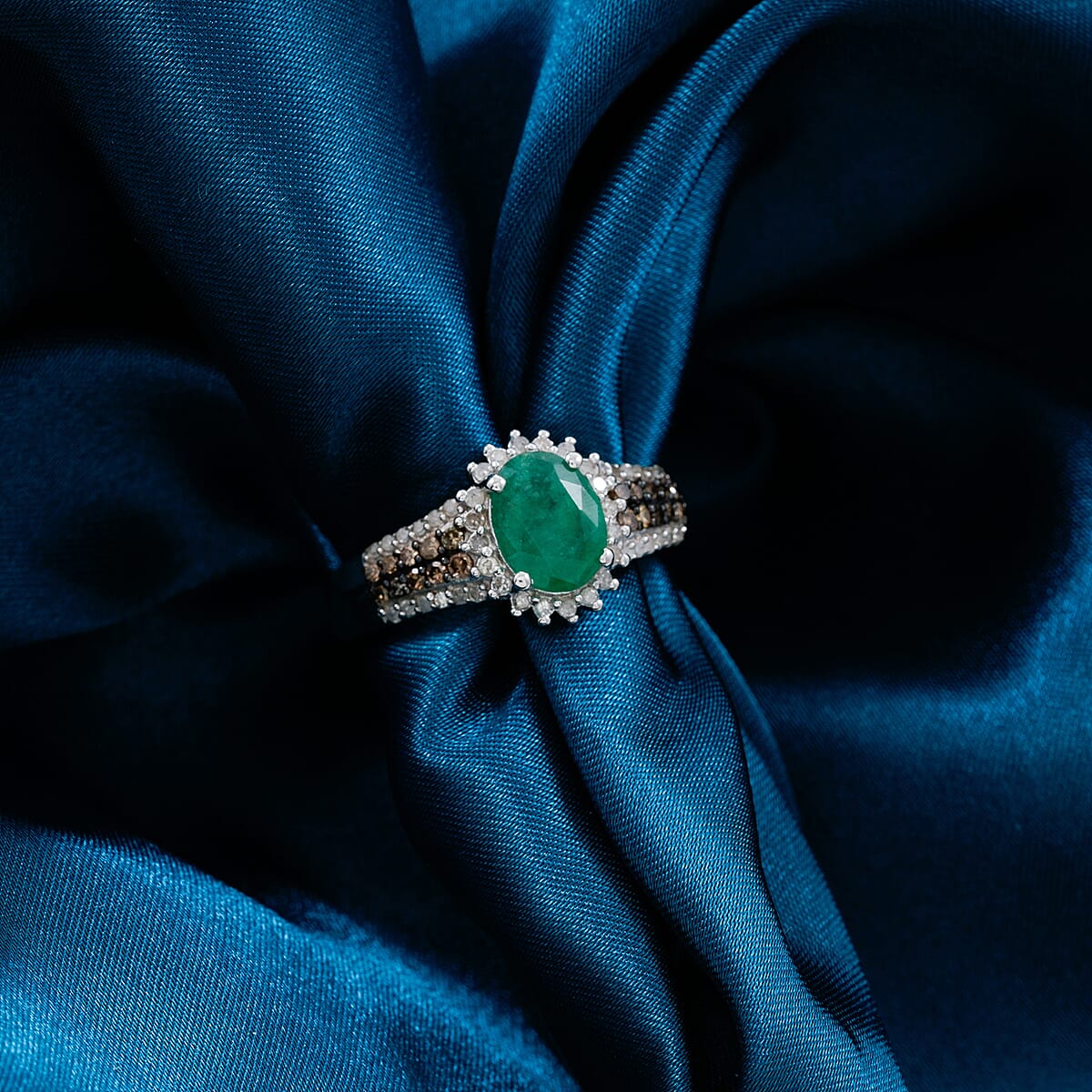 Brazilian Emerald and Multi Diamond 2.10 ctw Ring in Platinum Over Sterling Silver (Size 9.0) image number 1