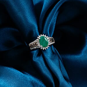 Brazilian Emerald and Multi Diamond 2.10 ctw Ring in Platinum Over Sterling Silver (Size 9.0)