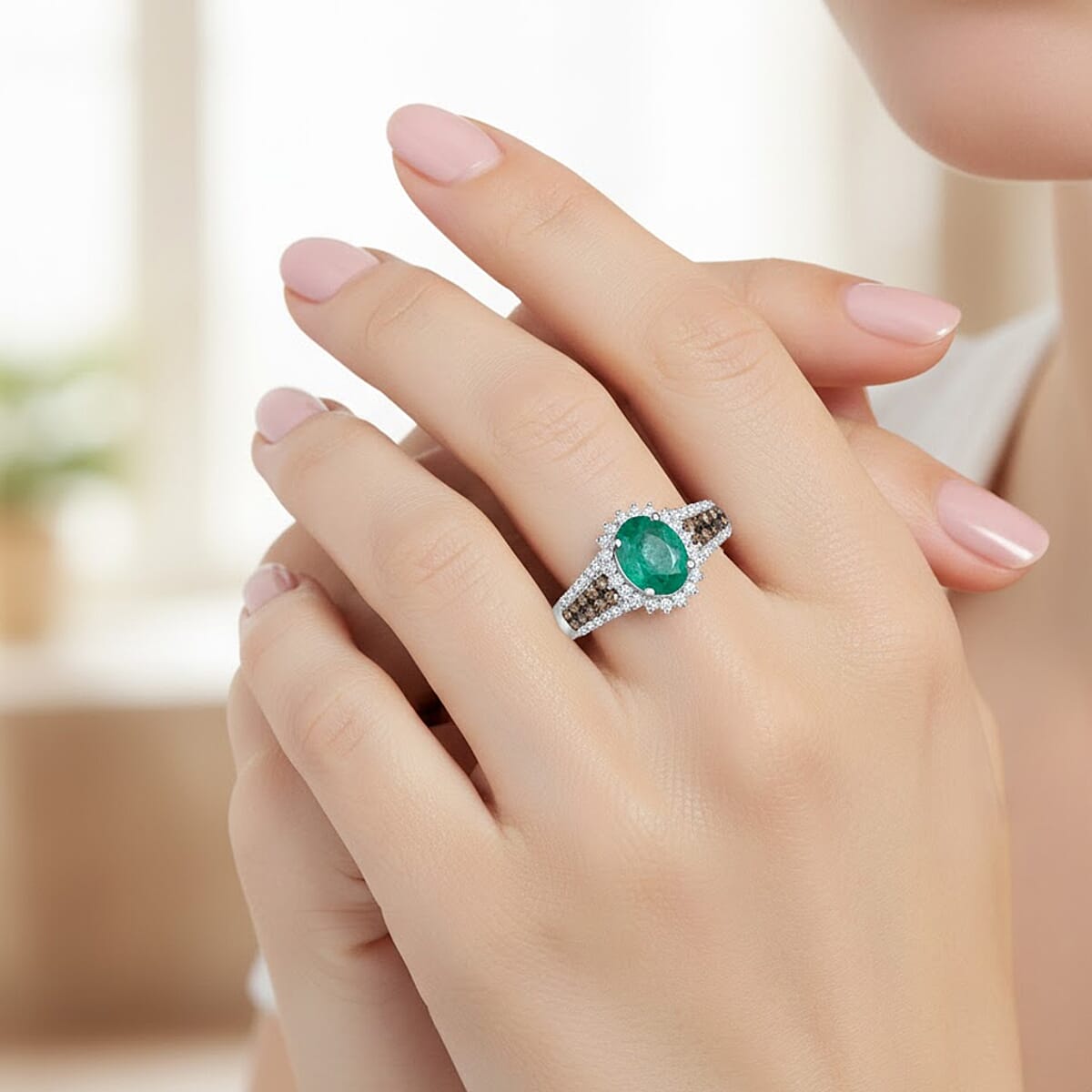 Brazilian Emerald and Multi Diamond 2.10 ctw Ring in Platinum Over Sterling Silver (Size 9.0) image number 2