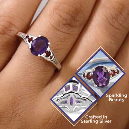 Amethyst Ring, Mozambique Garnet Accent Ring, Sterling Silver Ring, Engagement Ring For Women (Size 7.0) 1.25 ctw image number 2