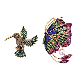 Set of 2 Chroma Pearl, Multi Color Austrian Crystal, Enameled Humming Bird & Butterfly Brooches in Goldtone