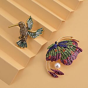 Set of 2 Chroma Pearl, Multi Color Austrian Crystal, Enameled Humming Bird & Butterfly Brooches in Goldtone