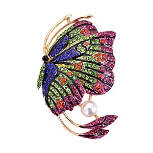 Set of 2 Chroma Pearl, Multi Color Austrian Crystal, Enameled Humming Bird & Butterfly Brooches in Goldtone