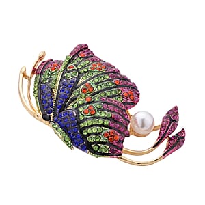 Set of 2 Chroma Pearl, Multi Color Austrian Crystal, Enameled Humming Bird & Butterfly Brooches in Goldtone